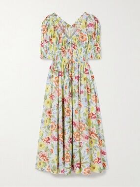 DÔEN
Ischia shirred floral-print cotton-voile midi dress